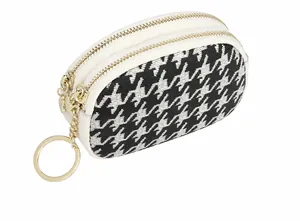 Vue de dessus du porte-monnaie en cuir à motif pied-de-poule avec double fermeture éclair