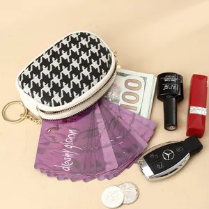 Mini porte-monnaie en cuir véritable avec motif pied-de-poule noir et blanc classique