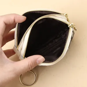 Mini portefeuille en cuir véritable à motif pied-de-poule avec trois compartiments zippés