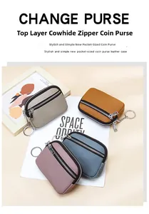 Top-grain leather mini coin purses with metal zippers and keychains in multiple colors