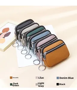 Detailed view of genuine leather mini wallets in six colors with dual zippers