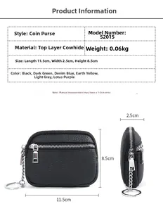 Detailed view of leather coin purse with dimensions 11.5x8.5x2.5cm and zipper pockets