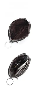 Internal capacity diagram showing leather coin pouch holding cards and keys