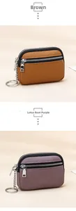 Close-up of genuine leather coin purses in brown and purple with silver zippers