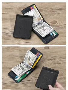 Detail of minimalist black genuine leather bifold wallet with metal money clip and card slots