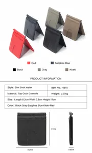 Slim genuine leather wallet with metal money clip showing various colors and textures