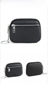 Macro view of black lychee grain leather coin purse with silver zipper and keychain