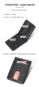 Detail view showing 6 card slots and metal spring money clip in genuine leather wallet