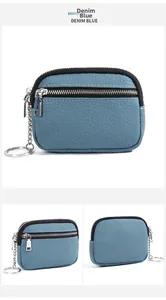 Detailed views of denim blue leather coin purse with double zippers and metal keychain
