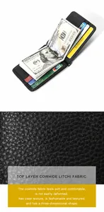 Macro detail of lychee grain genuine leather wallet with metal money clip and card slots