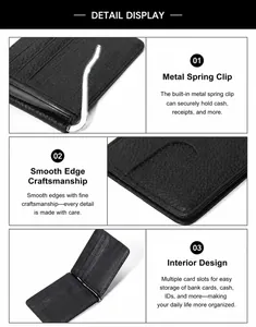 Detailed macro view of black lychee leather card holder with silver metal spring clip