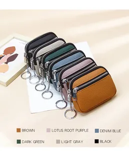 Detail view of multi-color genuine leather mini wallets with double zippers and keychains
