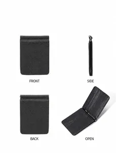 Macro detail of slim black lychee grain leather wallet with metal money clip and card slots