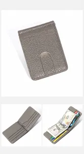 Slim khaki leather wallet with multiple card slots and integrated metal money clip