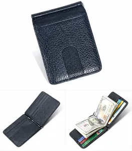 Macro detail of dark blue pebbled leather wallet with stainless steel money clip and slots