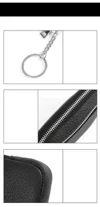 Detailed views of black pebbled leather coin purse with silver zipper and keychain