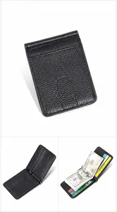 Detailed macro view of black pebble leather wallet with stainless steel money clip and card slots