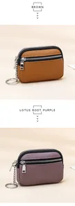 Detail of genuine leather coin purse with double zippers and metal keychain in two colors