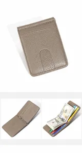 Detailed view of khaki leather money clip wallet with multiple slots and metal bar