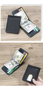 Detail of slim black leather wallet featuring a metal money clip and multiple card slots