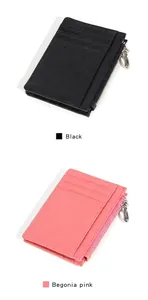 Dünner Leder-Kartenhalter mit 3 Fächern und Reißverschluss in Schwarz und Pink