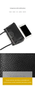 Macro detail of black lychee grain leather texture and compact shoulder bag size comparison
