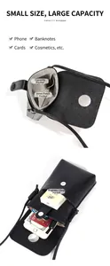Detailopname van leren telefoontasje met weergave van binnenvakken voor kaarten en spullen
