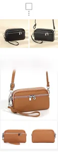 Dettaglio borsa a tracolla in pelle con zip multiple, disponibile in nero e marrone terra