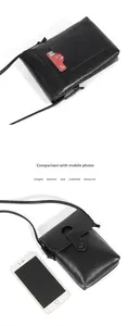 Detailweergave van de rundlederen telefoontas met pasjeshouder en textuur op de rug