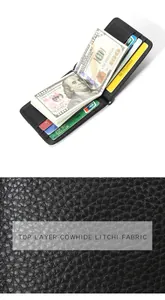 Macro detail of black litchi texture cowhide leather with metal money clip and card slots