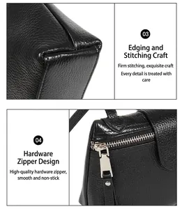 Detailed view of lychee grain leather texture and smooth silver metal zipper on bag