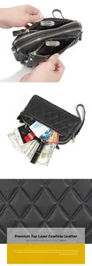 Detail view of genuine leather bag showing triple zipper layers and spacious inner capacity