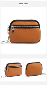 Detailed macro view of brown pebbled leather coin purse with multi-zipper and key ring
