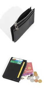 Detail of black pebbled leather card holder featuring card slots and a zipper coin pocket
