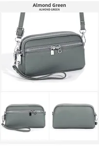 Dettagli della borsa a tracolla in pelle verde mandorla con tripla cerniera e texture