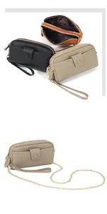 Close-up of three colors of lychee grain leather wallets with double zippers and gold chain