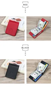 Detail of red and black leather slim wallets with metal money clips and multi-card slots