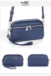 Dettaglio della borsa in pelle blu scuro con tre cerniere e hardware in metallo lucido
