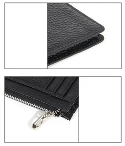 Close-up of black lychee leather card holder showing detailed stitching and metal zipper