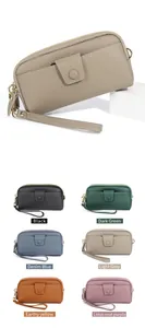 Detailed view of genuine leather clutch bag featuring six colors and dual gold zipper detail