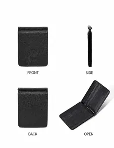 Black pebbled leather wallet with metal money clip and multi-card slot detail view