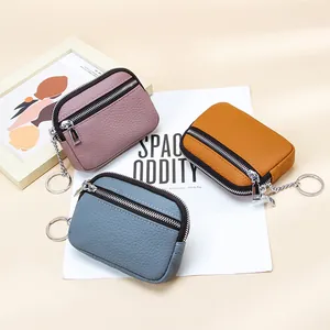 Genuine Cowhide Leather Mini Coin Purse With Double Zipper Keychain Litchi Pattern Small Wallet For Women Key Card Storage