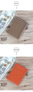 Slim genuine leather card holder with side zipper pocket and multiple slots in khaki and orange