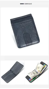 Macro view of dark blue litchi grain leather wallet with metal money clip and card slots