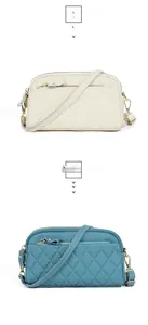 Detailed view of quilted leather crossbody bags in off-white and aqua blue colors
