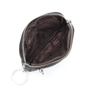Genuine leather mini coin purse keychain with multi-zipper compartments and key ring