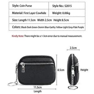 Genuine leather mini coin purse with keychain and zipper in black cowhide finish