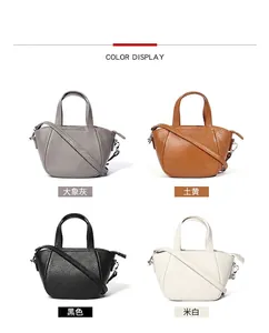 Muestra de colores de mini bolsos de cuero en gris, amarillo, negro y beige