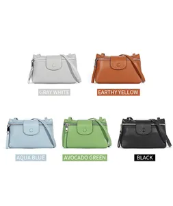 Five colored leather crossbody bags in lychee grain with metal zipper details