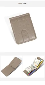Detail of khaki pebbled leather wallet featuring a metal money clip and card slots